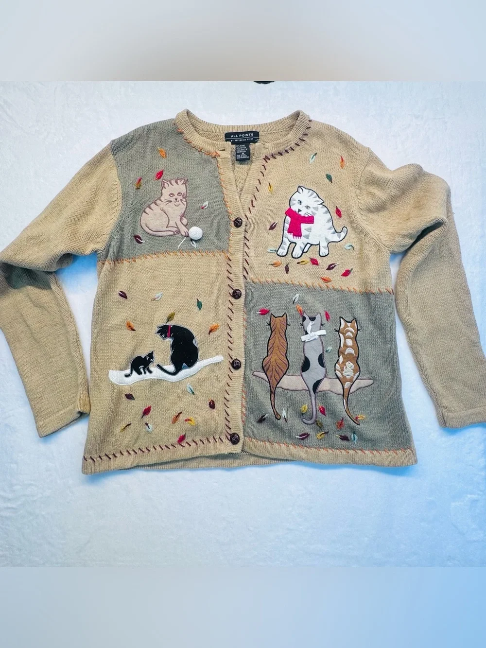 Vintage All Points Cat Patchwork Cardigan Sweater Ramie Cotton M